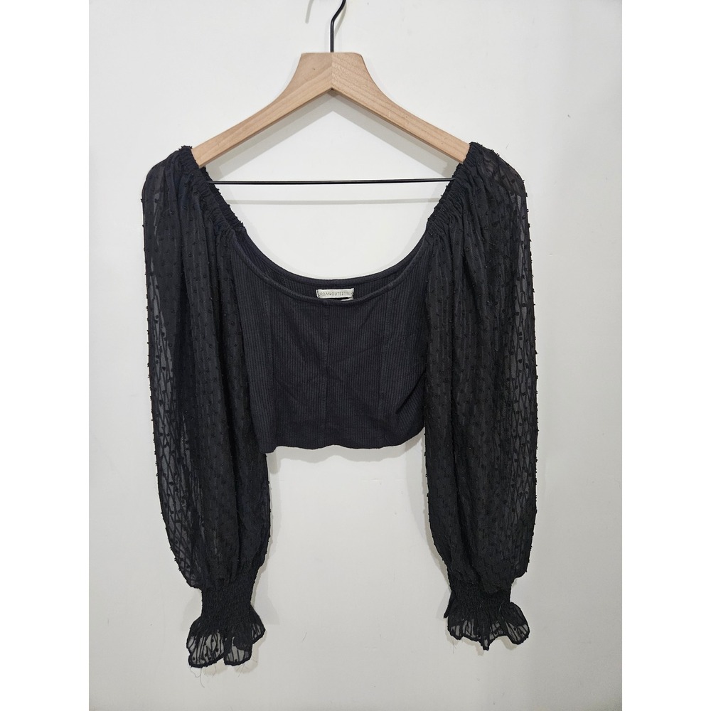 Urban Outfitters Black Ribbed Crop Top Sheer Swiss Dot Balloon Sleeve Medium